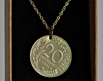 FRENCH CURRENCY PENDANT unique pendant with your favorite year wedding birth engagement souvenirs. Original unique gift.