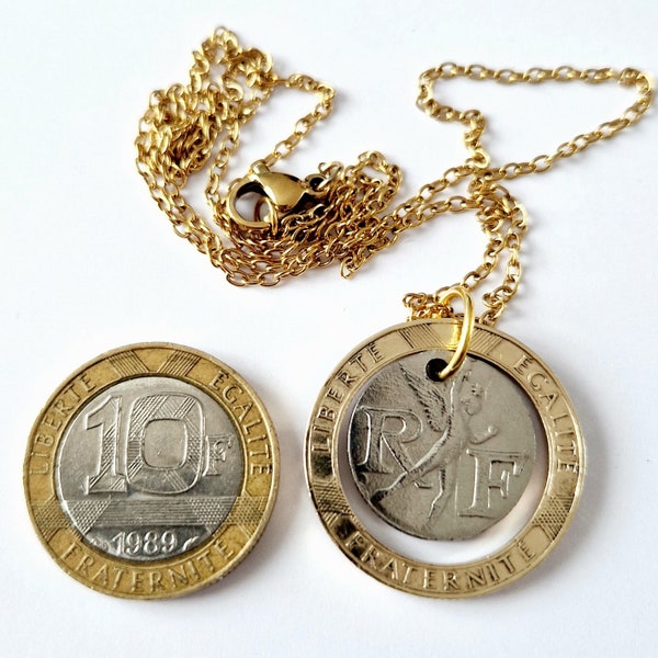 PENDENTIF 10 FRANCS, medaillon, chaîne, bijoux france, french pendant, jewel, pendentif monnaie, république française, pendentif liberté