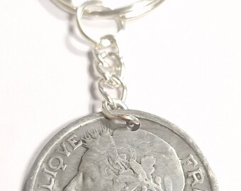 CURRENCY KEYRING, currency, keyring, key ring, key hook, French currency, Morlon, 2 francs, 1941 to 1959, war, freedom