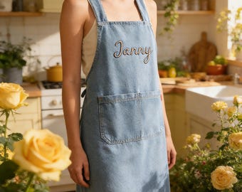 Custom Hand-Embroidered Denim Apron, Personalized Name Apron For Her, Striped Apron with Pockets, Gift for Cooking, Birthday Gift for Mom