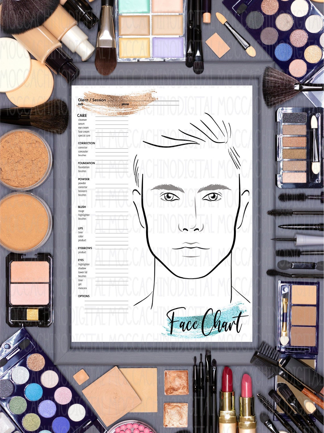Male Face Chart Face Chart for Makeup printable Make up Etsy