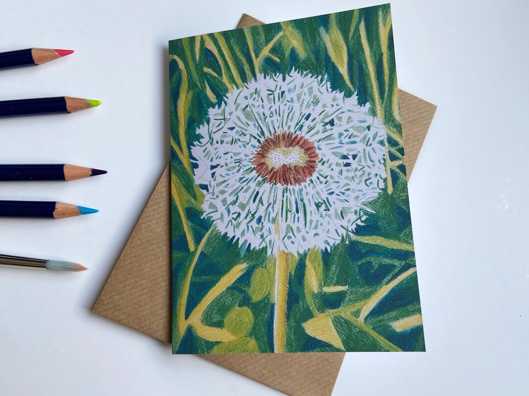 Dandelion Card/ Flower in the Grass Notelet/ Summer Breeze Art Card ...