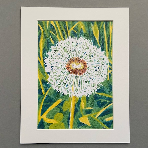 Dandelion Art Print/ Flower in the Grass Image/ Delicate Summer Life Cycle Original Drawing/ Seeds blowing in the Wind Painting/Abstract Art