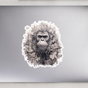 Sneaky Sasquatch Sticker, Bigfoot in a flower bush, Kiss cut Sticker