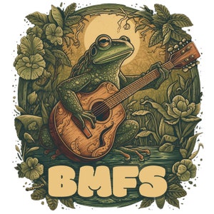 May include: A green frog playing a brown acoustic guitar with a floral background and the text "BMFS" in yellow.