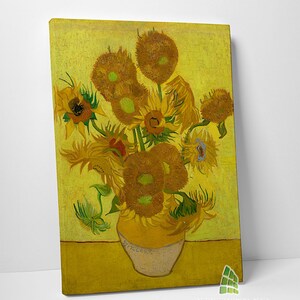 May include: A painting of a vase filled with sunflowers. The sunflowers are yellow and brown with green stems. The vase is a light brown colour and has a yellow rim. The background is a yellow colour.