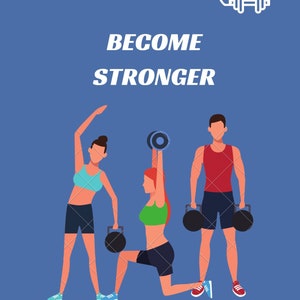 May include: Three people exercising with weights. A woman in blue shorts and a blue top is stretching. A woman in black shorts and a green top is doing a lunge with a dumbbell. A man in red shorts and a red tank top is holding two weights. The text "BECOME STRONGER" is at the top of the image.