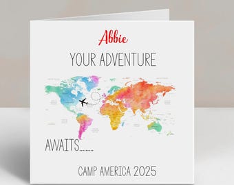 Personalised Good Luck Card Congratulations Camp America Travel Card, Travelling Abroad, Work Experience