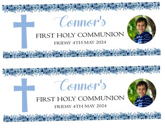 2 x Personalised First Holy Communion Party Banner Blue Floral Cross | Custom Banners | Party Decor | Wall Decoration