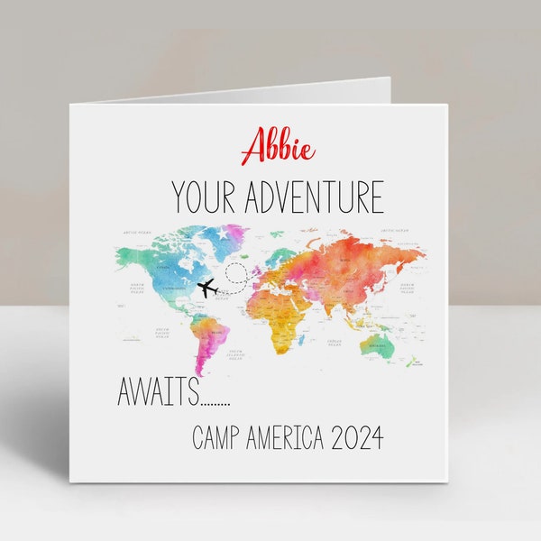 Personalised Good Luck Card Congratulations Camp America Travel Card, Travelling Abroad, Work Experience