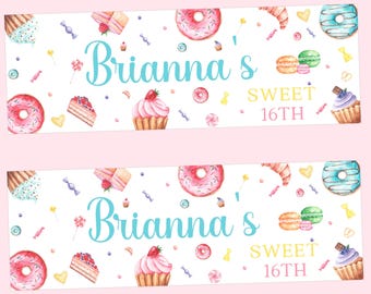 Banner personalizado para fiesta de cumpleaños, decoración para fiestas, añadir nombre y edad, diseño de dulces y pasteles.