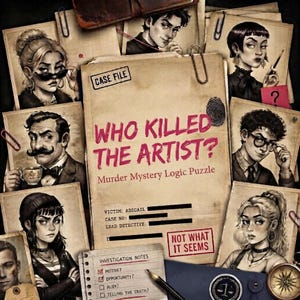 May include: A murder mystery logic puzzle game titled Who Killed The Artist? featuring a central case file folder surrounded by various character portraits, investigation notes, a pencil, and a compass on a dark background.