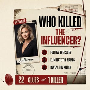 May include: A mystery game titled Who Killed The Influencer? featuring a photograph of a blonde woman named Katharine, a case number 23-0719-4, red text, a fingerprint, and instructions to follow clues, eliminate names, and reveal the killer.