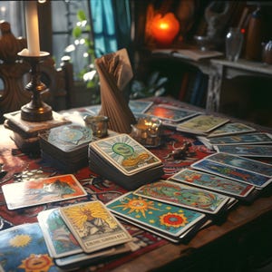 May include: A collection of tarot cards with colorful illustrations, spread out on a table with a patterned red and black cloth. A candle holder with a lit candle and a stack of books are in the background. The cards feature various symbols and figures.