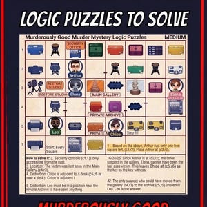 Murder Mystery Logic Grid Puzzles to Solve, Solutions Included, Armchair Detective Brainteaser Puzzles, Instant Digital Download, 25 Puzzles