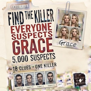 Op de afbeelding: Een mysteriespel met de tekst CASE FILE, FIND THE KILLER, EVERYONE SUSPECTS GRACE, 5.000 SUSPECTS en 18 CLUES ONE KILLER. Het bevat een foto van een vrouw genaamd Grace en een line-up van vier verdachten met de labels A, B, C en D.