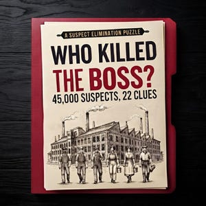 Vem dödade bossen? Mordgåta Logikpussel | 45 000 misstänkta | Namnelimineringsdetektivspel | Utskrivbar PDF
