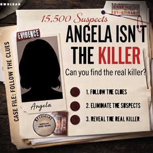 Mördaren är inte ANGELA, Killer Logic Puzzle, Hitta mördaren, ett mordmysterium-namnelimineringsspel, utskrivbar nedladdning