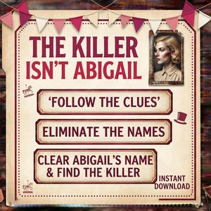 Puede incluir: Un cartel de juego con el texto THE KILLER ISN'T ABIGAIL, FOLLOW THE CLUES, ELIMINATE THE NAMES y CLEAR ABIGAIL'S NAME & FIND THE KILLER. El diseño incluye el retrato de una mujer, banderines y pequeños gráficos con forma de entradas.