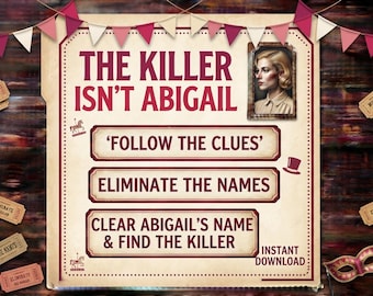 May include: A game sign featuring the text THE KILLER ISN'T ABIGAIL, FOLLOW THE CLUES, ELIMINATE THE NAMES, and CLEAR ABIGAIL'S NAME & FIND THE KILLER. The design includes a portrait of a woman, bunting, and small ticket-shaped graphics.