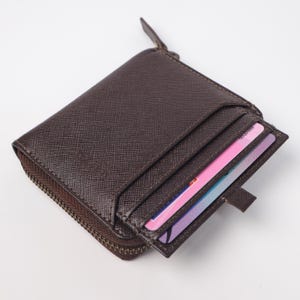 Cartera de lujo hecha a mano de piel saffiano marrón, cartera de piel con cremallera plegable protegida por RFID y tarjetero desmontable, cartera de piel para hombre