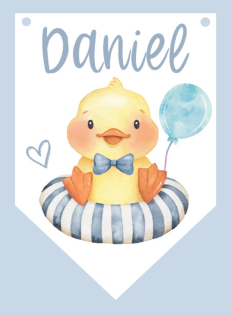 May include: A watercolor banner featuring the name "Daniel" in light blue script. A yellow duckling with an orange beak and feet, wearing a blue bow tie, floats in a striped inner tube and holds a blue balloon. A small blue heart is on the left.