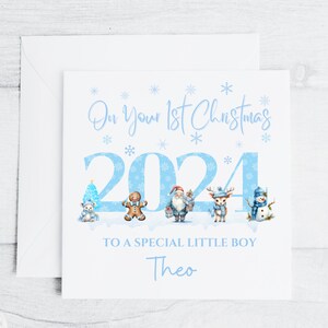 Biglietto di auguri personalizzato per il primo Natale, blu, figlio, nipote, figlioccio, bambino speciale, biglietto di auguri per il primo Natale del bambino, 6x6, nome personalizzato
