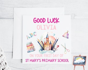 Personalised First day at School Card 6x6 custom pink princess for any name or twins joint names 1st day school reception nursery preschool