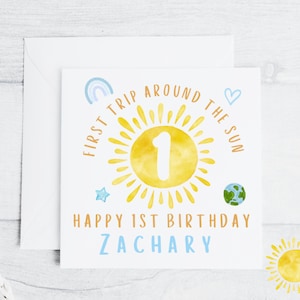 Carte d'anniversaire bleue personnalisée pour garçon, 1er voyage autour du soleil, 6 x 6 pouces personnalisés pour tout prénom ou prénoms communs de jumeaux - premier voyage autour du soleil