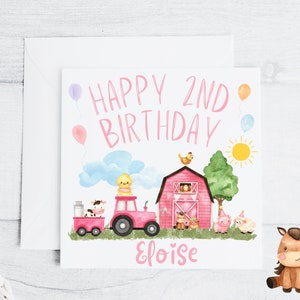 Ferme rose de fille personnalisée, carte d'anniversaire sur le thème des animaux de grange de tracteur 6 x 6 personnalisée pour n'importe quel nom ou prénoms communs de jumeaux, 1er, 2e, 3e, 4e, 5e