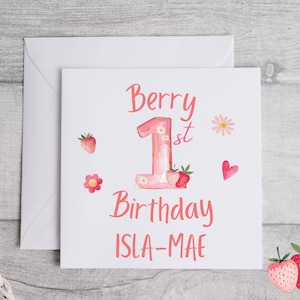 Personalisierte Beere Erster 1. Geburtstag Erdbeer-Geburtstagskarte 150x150 individuell für jeden Namen oder die gemeinsamen Namen von Zwillingen - Beerenparty