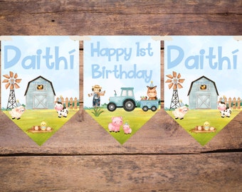 Blauwe boerderij thema Happy Birthday Bunting Banner Garland - gepersonaliseerd