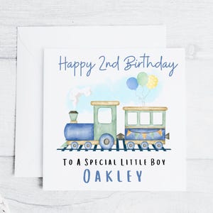Carte d'anniversaire personnalisée train bleu pour fils, petit-fils, neveu, filleul, garçon spécial, garçon d'anniversaire, 6 x 6 personnalisé tout âge, nom, voeux