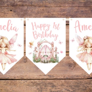 Personalised Girls Pink Fairy Birthday Bunting Garland Banner Custom Fairy 1st Birthday Party  any name or age 1st 2nd 3rd 4th 5th 6th etc