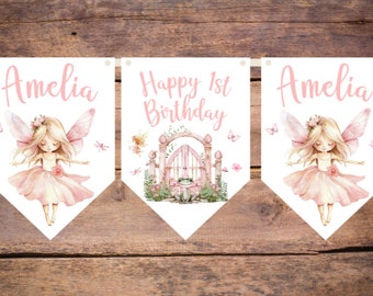 Girls Pink Fairy Birthday Bunting Garland Custom Personalised/Fairy 1st Birthday Party banner