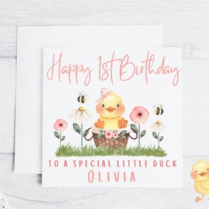 Personalisierte Mädchen-Rosa-Enten-gelbes Enten-Geburtstags-Karte 150x150, für irgendeinen Namen oder Zwillinge, gemeinsame Namen, spezielle kleine Ente