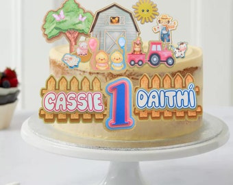 Twin Boy & Girl Farm Themed Cake Topper Decorations - Pink/Blue Mix