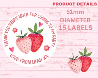 Personalised Thank You Berry Much stickers - 51mm birthday party bag cone treat Berry 1st birthday custom any name, baby shower 15 quantity