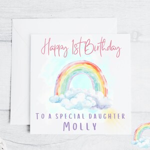Biglietto di compleanno arcobaleno personalizzato 6x6 personalizzato per qualsiasi nome o gemelli, nomi congiunti, colori pastello, figlia, nipote, amica