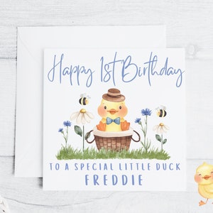 Carte d'anniversaire personnalisée garçon bleu bébé canard caneton jaune 6 x 6 personnalisée pour n'importe quel nom ou jumeaux, noms communs, petit canard spécial