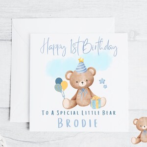 Personalisierte Junge Blau Teddybär Geburtstagskarte 15x15 für jeden Namen, spezieller kleiner Bär, Sohn, Patenkind, Enkel, Bruder, Neffe usw