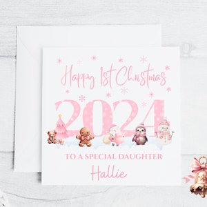 Biglietto di auguri personalizzato rosa per il primo Natale, figlia, nipote, figlioccia, bambina speciale, biglietto di auguri per il primo Natale del bambino, 6x6, nome personalizzato