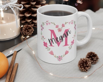 11oz White Mug - Custom Personalised Pink Flower Floral Heart Frame Initial Mug with Name