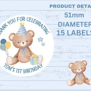 Personalisierter blauer Teddybär Danke Gastaufkleber 51 mm Geburtstags-Partytasche Kegel Leckerei benutzerdefinierte Name x 15