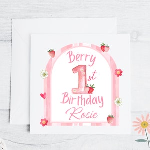Gepersonaliseerde Berry verjaardagskaart 1e verjaardag aardbei 6 x 6 op maat voor elke naam of gezamenlijke namen van een tweeling - Berry Party