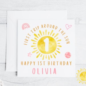 Carte d'anniversaire rose personnalisée pour fille 1er voyage autour du soleil, 6 x 6 pouces personnalisés pour tout prénom ou prénoms communs de jumeaux - premier voyage autour du soleil
