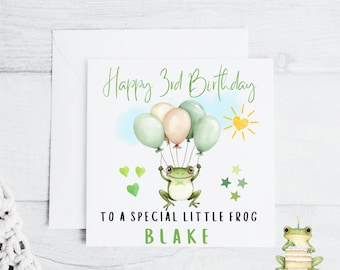Personalised Green Frog Birthday Card, 6x6 custom for any name or twins, joint names, special little frog, son, godson, grandson, nephew,
