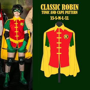 Peut inclure: Un patron de tunique et cape Classic Robin, tailles XS-XL. Le costume comprend une tunique rouge avec des accents jaunes, une cape jaune, des gants verts et des bottes vertes. L'image montre également une personne portant le costume.