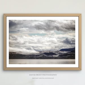 Colour Printable Photo, Scotland Landscape Wall Art, Sea Mountains and Clouds Photography, UK Countryside, Coastal UK Home Wall Decor,