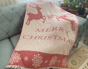 Merry Christmas Blanket, 40x70" Turkish Cotton Beach Towel, Ultra Soft Super Absorbent, Merry Christmas and Reindeer Pattern Special Gift